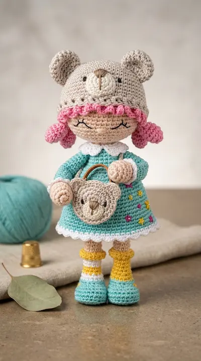 Boneca de amigurumi com capuz de ursinho, segurando um bebê de crochê