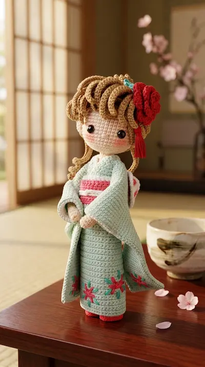 Boneca de amigurumi vestida com quimono japonês verde e branco