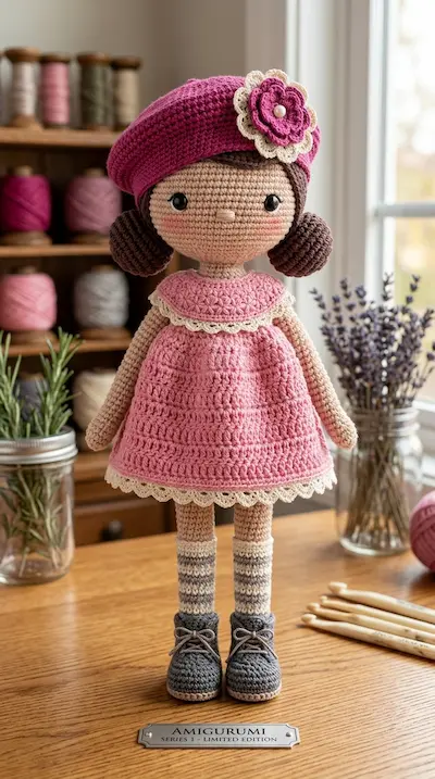 Boneca de amigurumi de vestido rosa e boina, sobre mesa de madeira