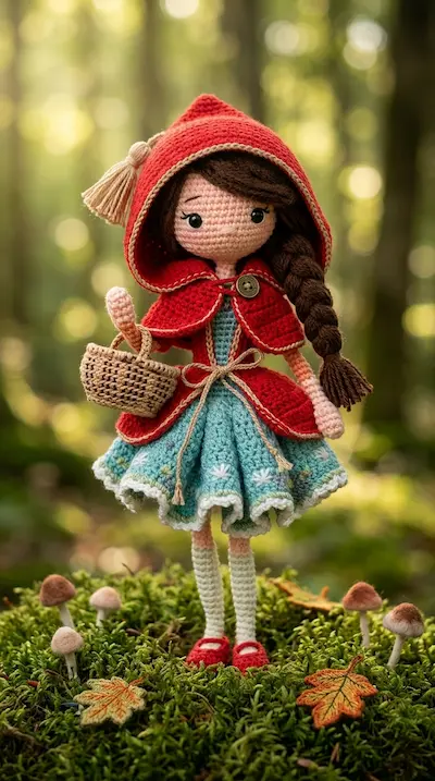 Boneca de amigurumi com capa vermelha e cestinha, tema Chapeuzinho