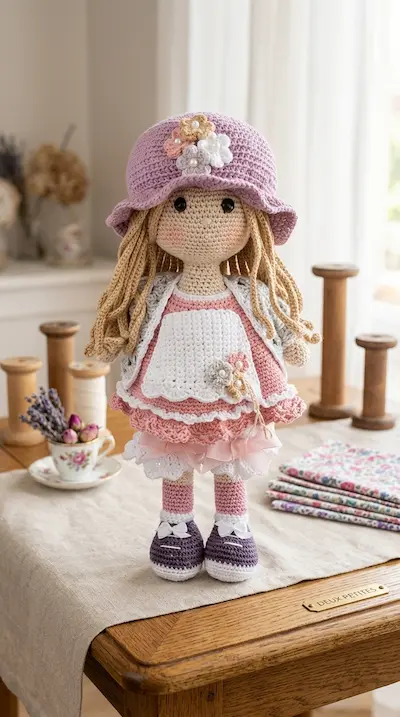 Boneca de amigurumi de vestido branco e chapéu de flores