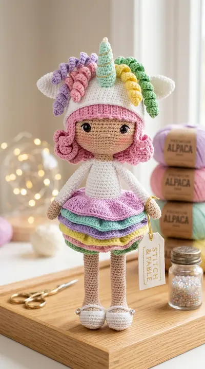 Boneca de amigurumi tema unicórnio, cabelo rosa e saia colorida