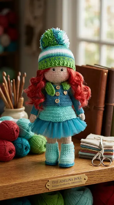 Boneca de amigurumi ruiva de cabelo cacheado, gorro e saia azul