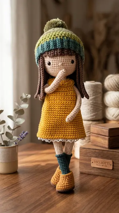 Boneca de amigurumi de vestido amarelo e gorro listrado