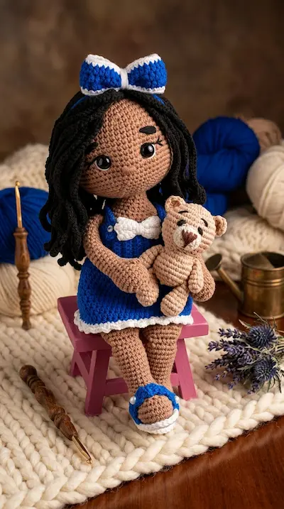 Boneca de amigurumi de laço azul segurando um gatinho de crochê