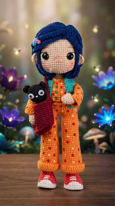 Boneca de amigurumi de cabelo azul e quimono laranja com gato preto