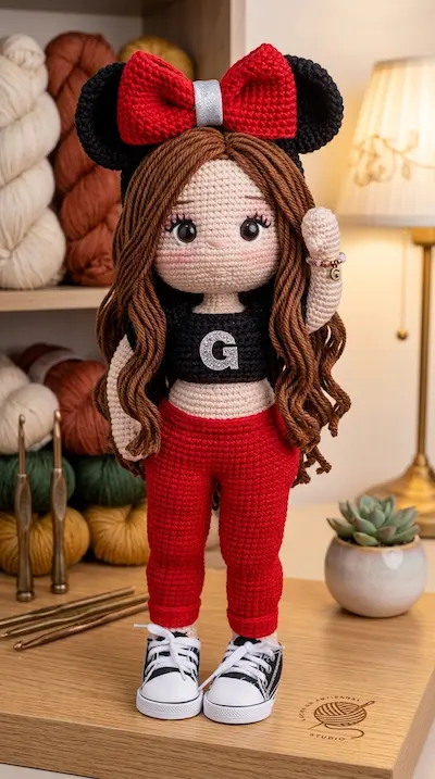 Boneca de amigurumi de laço vermelho, blusa preta e calça vermelha