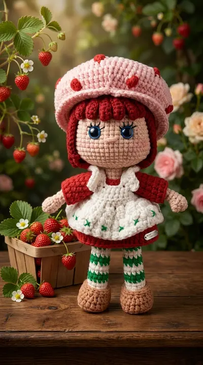 Boneca de amigurumi tema morango, de vestido branco e vermelho