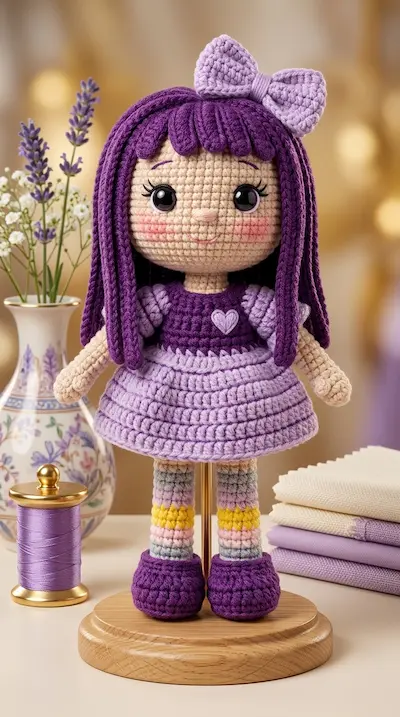 Boneca de amigurumi de cabelo roxo, laço e vestido lilás