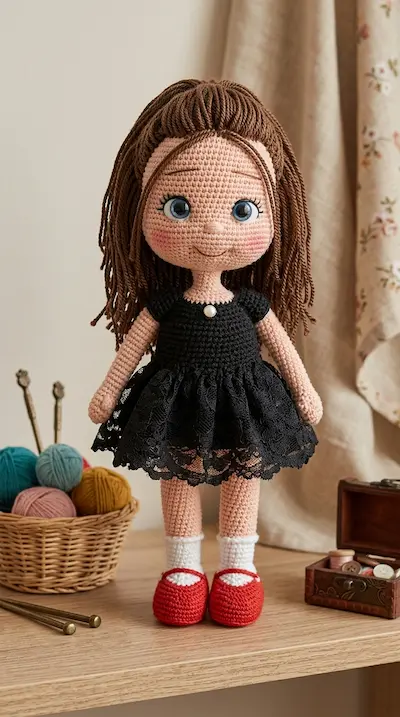 Boneca de amigurumi de vestido preto, sobre mesa com cesta de fios